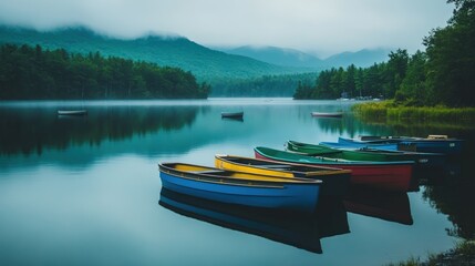 A tranquil lake with five colorful rowboats, shrouded in morning mist, with mountains in the background.