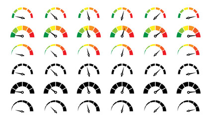 Risk meter icon set. Risk concept on speedometer. Set of gauges from low to high.  Vector illustration.