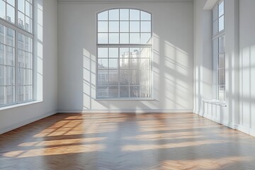 Fototapeta premium minimalist empty room with white walls illuminated by soft light streaming through windows creating a perfect background for product presentation