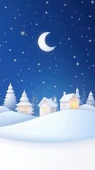 Fototapeta premium Colorful paper-cut houses in a winter wonderland with snowflakes under a serene blue sky