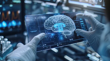 science and medicine concept - close up of scientist hands with x-ray image of human brain