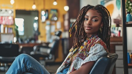 Portrait of a young Black woman with intricately styled dreadlocks, sitting confidently in a hair salon, embracing her unique beauty.