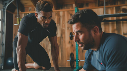 man working out with a personal trainer, getting expert guidance and encouragement to help him