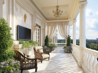 Fototapeta premium Sophisticated Apartment Room with Balcony, TV, and Cozy Decor