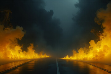 A gloomy background with yellow neon smoke spreading on both sides