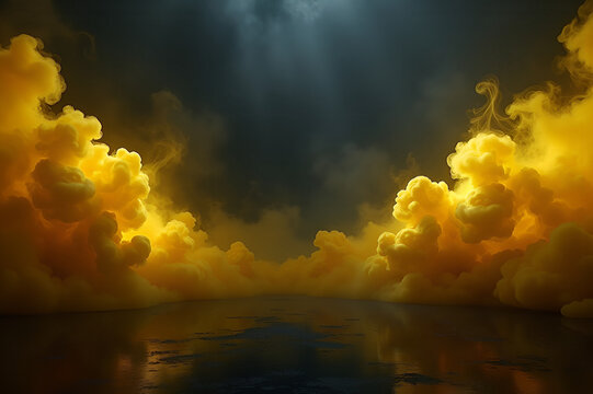 A gloomy background with yellow neon smoke spreading on both sides