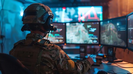 Side view of soldier in helmet and goggles cctv in server room