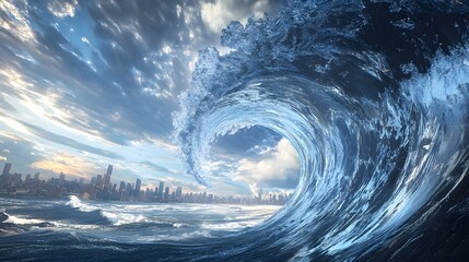 An enormous wave crashes against a city skyline, capturing the raw power and beauty of nature in a breathtaking moment.