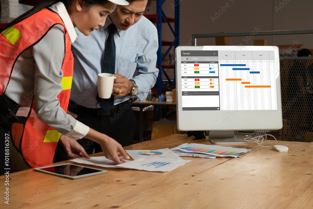 Poster project planning software for modish business project management on the computer screen showing time