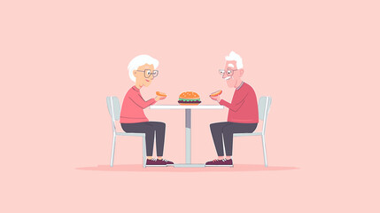 vector simple style grandma and grandpa sitting at table eating .Generative AI