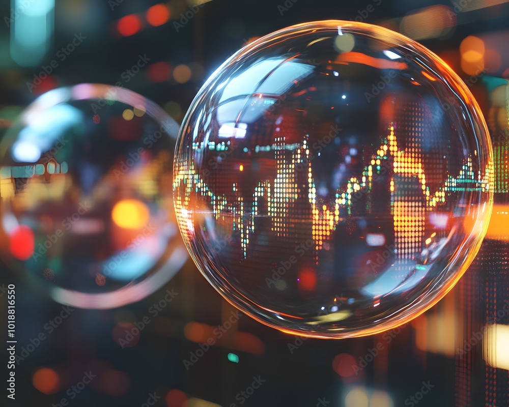 Poster abstract image of data bubbles with financial graphs representing dynamic market trends and analytic