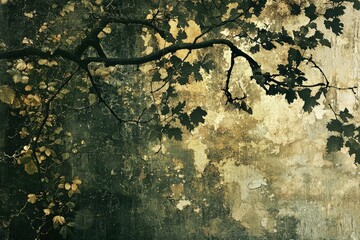 Silhouetted Tree Branch with Leaves Against Weathered Wall