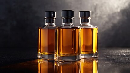Three luxury liquor bottles with amber liquids arranged on a glossy black surface.