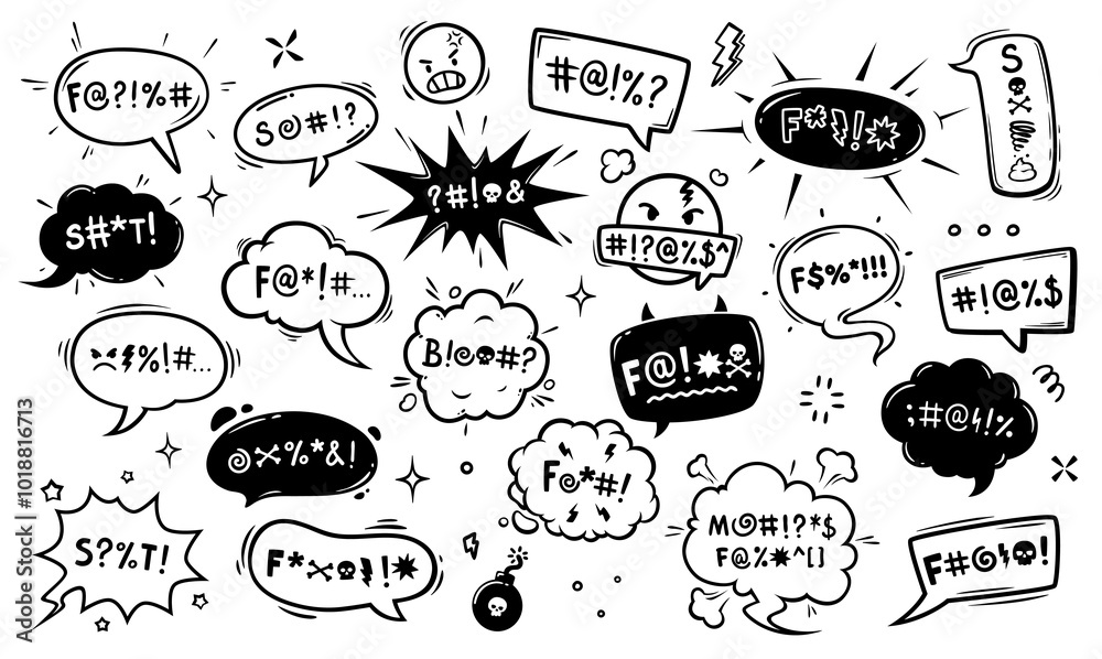 Poster comic swear speech bubbles, hate angry talk, aggressive expletive curse. isolated vector set of dyna