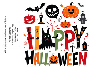 Happy Halloween text design various elements and ideal for christmas and clothing brand printing