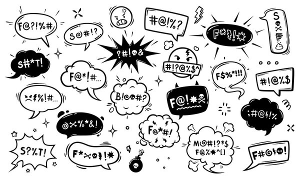 Comic swear speech bubbles, hate angry talk, aggressive expletive curse. Isolated vector set of dynamic dialogue clouds, conveying raw emotion and intensity, encapsulating unfiltered vulgar outburst