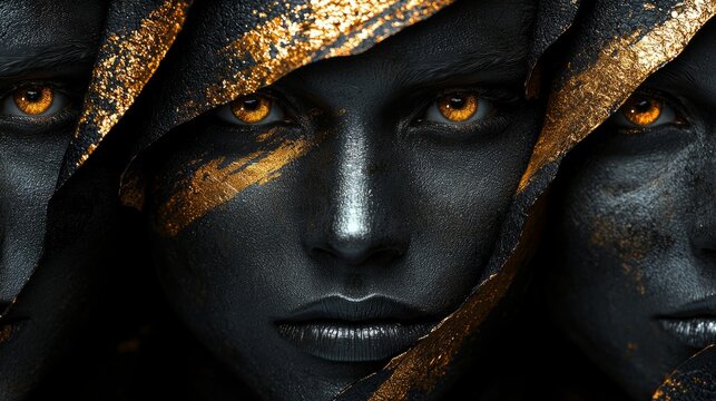 Fototapeta Beauty portrait of young gorgeous women. Golden and silver girls on black background.