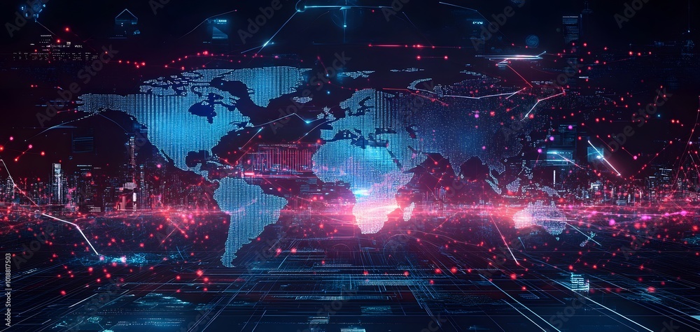 Poster futuristic world map with digital data visualization and glowing elements. ideal for technology, glo