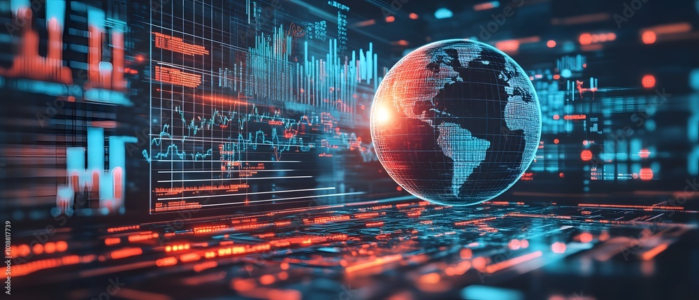 Poster futuristic digital interface displaying global data trends and analytics, highlighting connectivity 