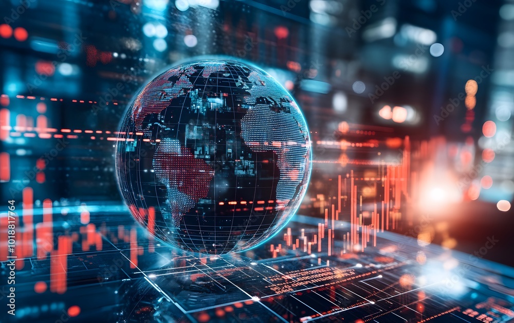 Poster futuristic digital globe illuminated by data streams and graphs, symbolizing global connectivity and