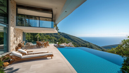 Fototapeta premium Luxurious modern villa with a pool and sea view in a mountainous area.
