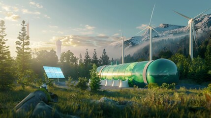 Solar panels and wind turbines on the meadow