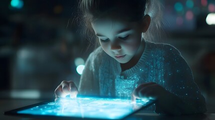 A young girl interacts with a glowing tablet, showcasing curiosity and engagement with technology in a darkened environment.