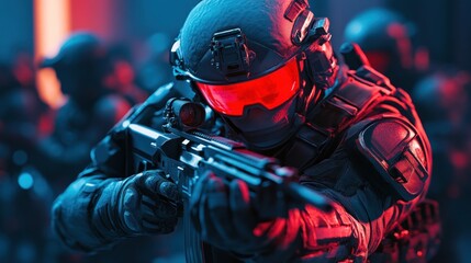 A tactical soldier aiming a weapon in a high-tech, dramatic environment.