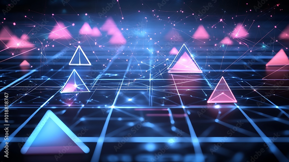 Poster abstract digital network with glowing triangles and lines in blue and pink.