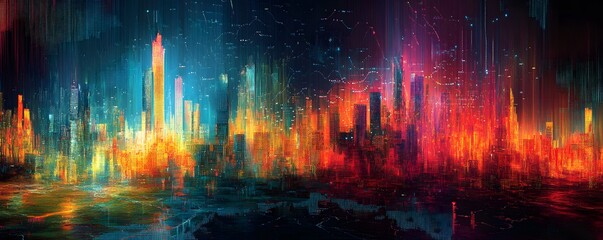 Fototapeta premium A vibrant city skyline illuminated with bright colors, reflecting a futuristic and imaginative urban atmosphere at night.