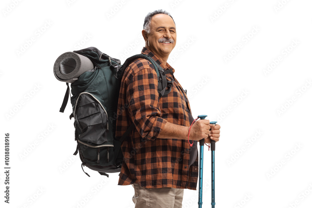 Wall mural smiling mature man with a backpack and hiking poles