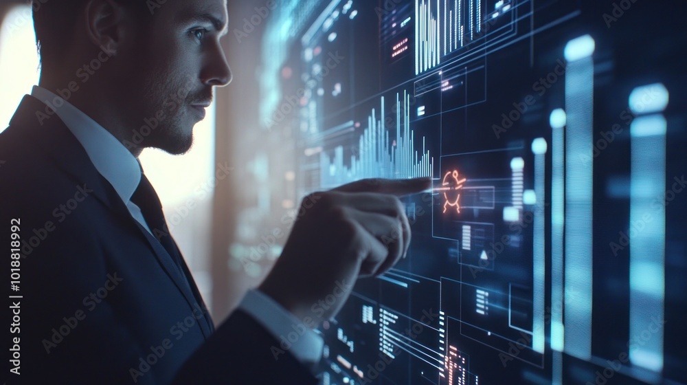 Poster a businessman interacts with a digital interface displaying data visualizations.