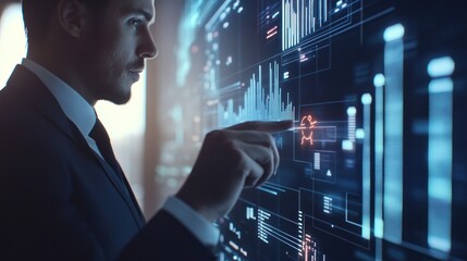 A businessman interacts with a digital interface displaying data visualizations.