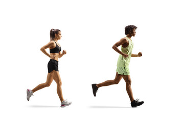 Full length profile shot of a caucasian female and african american male running