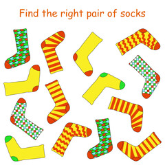 Find the right pair of socks. Logic game. Worksheet for children's activity book. Vector illustration.