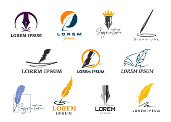 Quill icons with feather pen. Law, notary or writer symbols with vector ink pen and feather quills, book pages and gold crown. Calligraphy signature, literature, education, poetry and lawyer signs