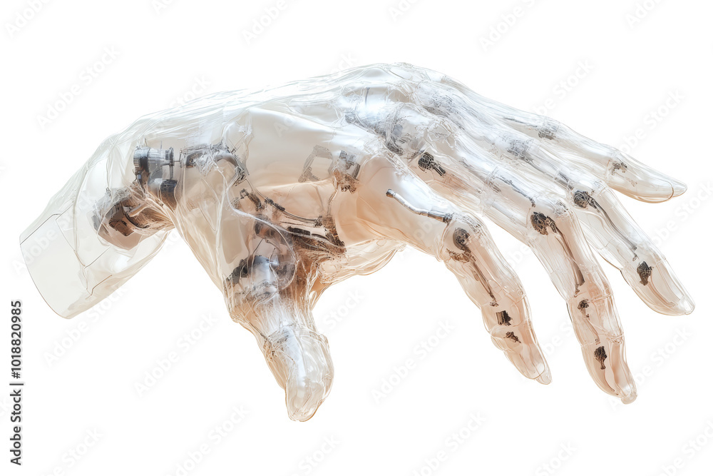Poster transparent robotic hand showcasing advanced engineering and design, isolated on a white background.