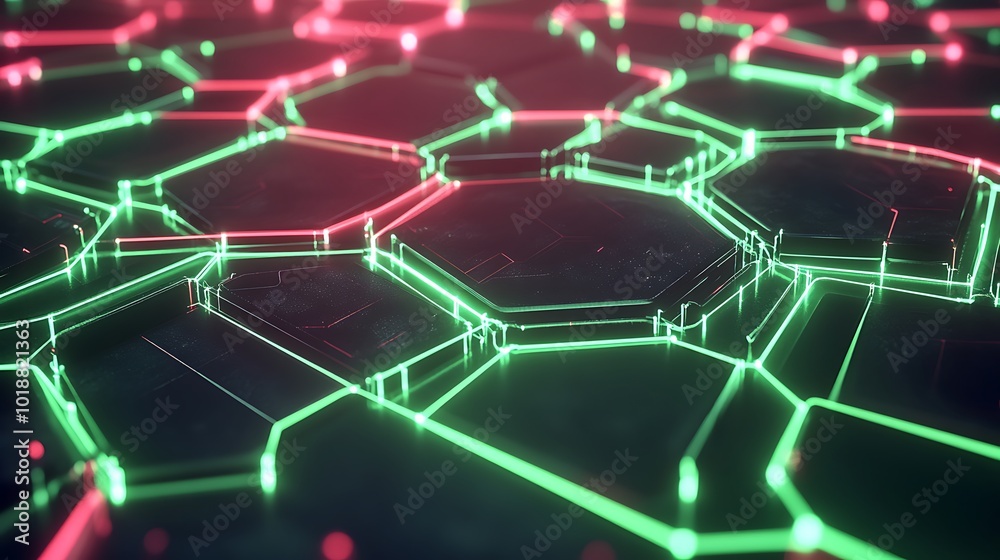 Aufkleber Abstract 3D rendering of a hexagonal grid with glowing green and red lines.