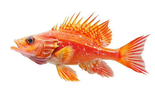 Vibrant orange fish with spiky fins isolated on a white background.