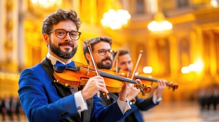 Fototapeta premium Elegant violinists in blue suits performing in ornate golden concert hall