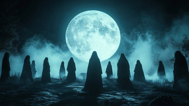Silhouettes in a Gothic moonlit ritual, full moon, foggy night, halloween, horror, wiccan, black magic, coven