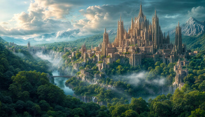 Fototapeta premium Old castle. A beautiful city rises majestically in the middle of a dense mountain forest