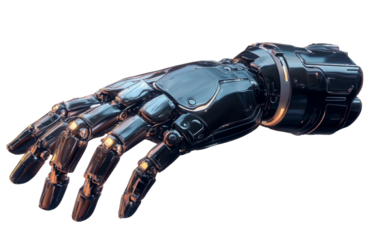 Metallic Robotic Hand Reaching Out: A close-up of a sleek, metallic robotic hand, reaching out with its articulated fingers, capturing a futuristic and technologically advanced aesthetic.