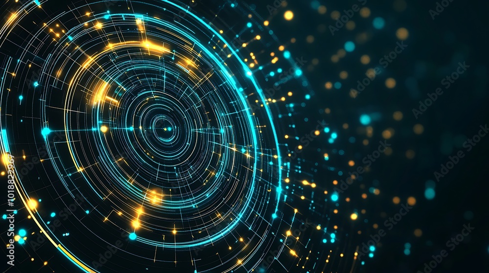 Aufkleber abstract circular pattern with glowing lines and particles on a dark blue background.