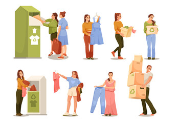 Illustration of people donating clothes at donation bins and boxes. Various activities on a white background. Concept of sustainable fashion. Vector illustration