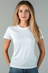 Fototapeta premium Woman in Plain White T-Shirt Mockup
