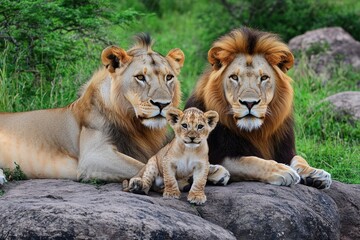Lion Family Portrait in Natural Habitat: Wildlife Photography for Art Prints and Posters