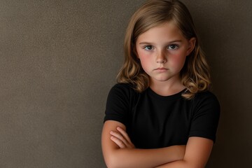 Obraz premium Pensive Young Girl in Black Shirt Against Gray Background