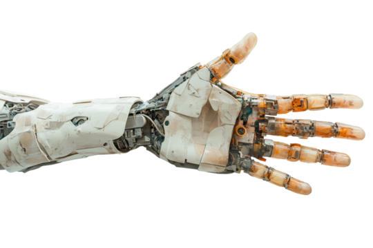An advanced robotic hand with intricate mechanical details, showcasing innovation and engineering prowess, white isolated background.