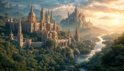 Fototapeta premium Ancient castle. A beautiful city rises majestically in the middle of a dense mountain fores